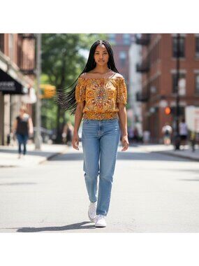 Cynthia Rowley Womens Yellow Floral Boho Smocked Off-Shoulder Top S Casual Chic